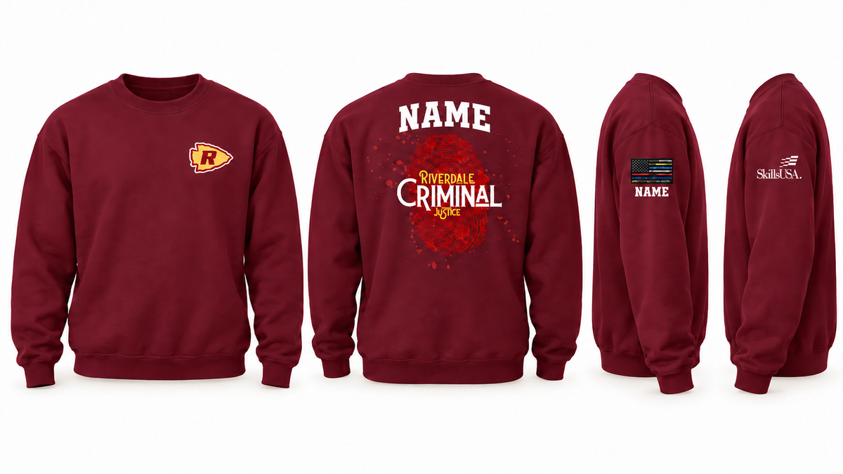 Personalized Garnet crewneck — same name on back and beneath sleeve flag
