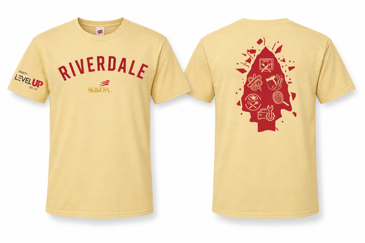 Athletic Gold Riverdale SkillsUSA Hanes 5280 tee front and back