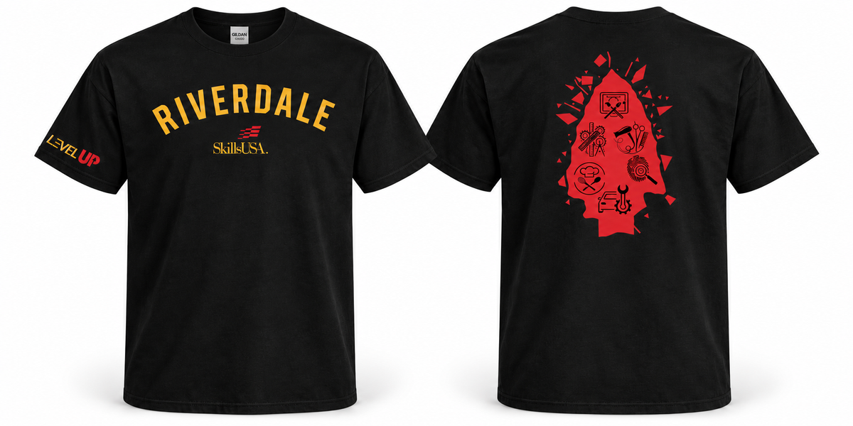 Black Riverdale SkillsUSA Level Up tee front and back