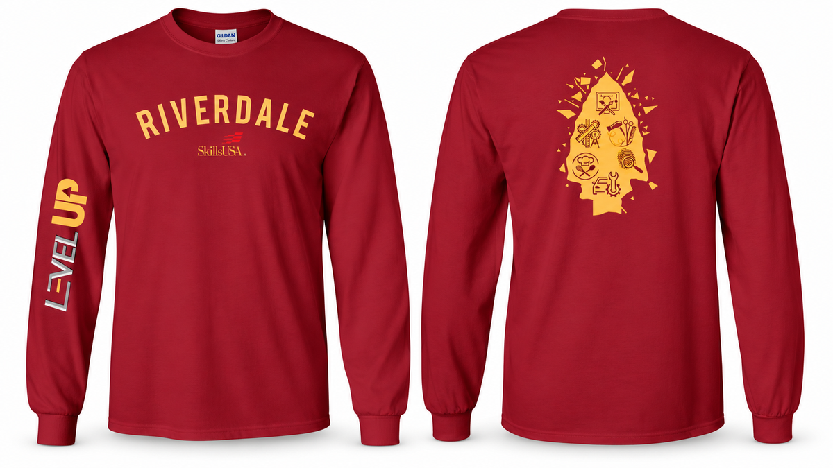 Cardinal Riverdale SkillsUSA long sleeve tee front and gold arrowhead back