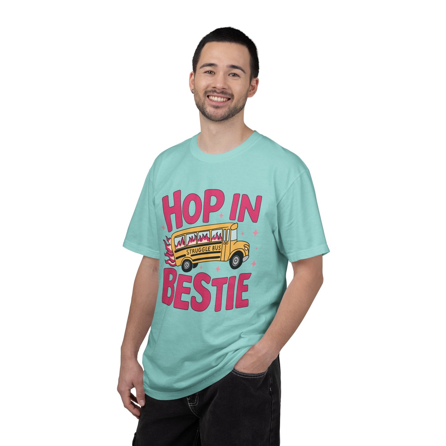 Hop In Bestie Struggle Bus Tee | Funny Relatable Graphic Shirt | Comfort Colors Vintage T-Shirt | Burnout Humor Tee | Oversized Casual Shirt