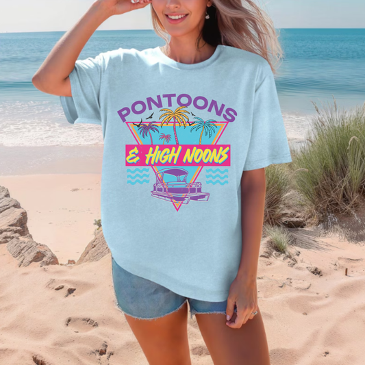Pontoons & High Noons Vintage Graphic Tee | Coastal Summer Shirt | Retro Sunset Aesthetic Tee | Comfort Colors Oversized Tee | Beachy Lifestyle Shirt