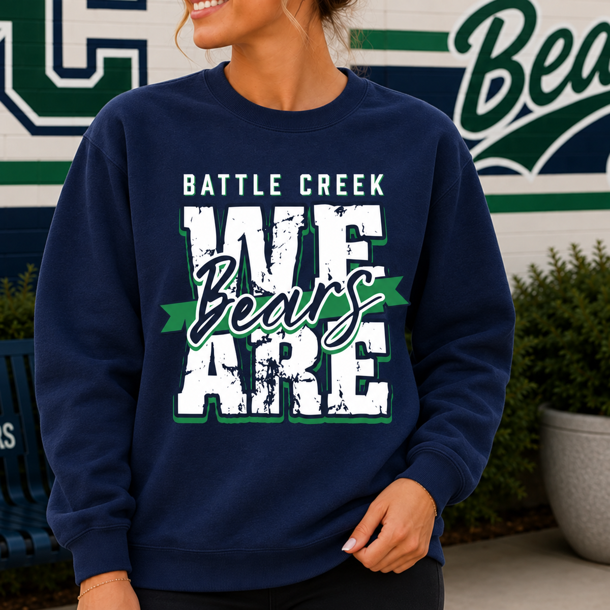 We Are Bears navy Gildan G18000 crewneck sweatshirt, Battle Creek school spirit wear