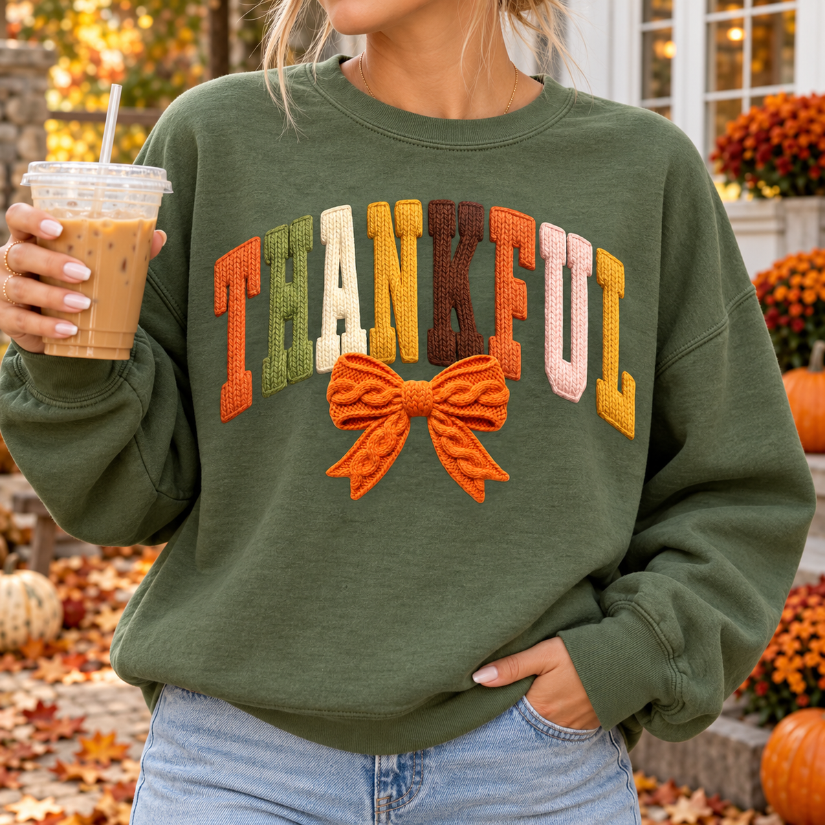 Knit Thankful Crewneck in Military Green with knit-look Thanksgiving lettering and orange bow, modeled on an autumn porch.