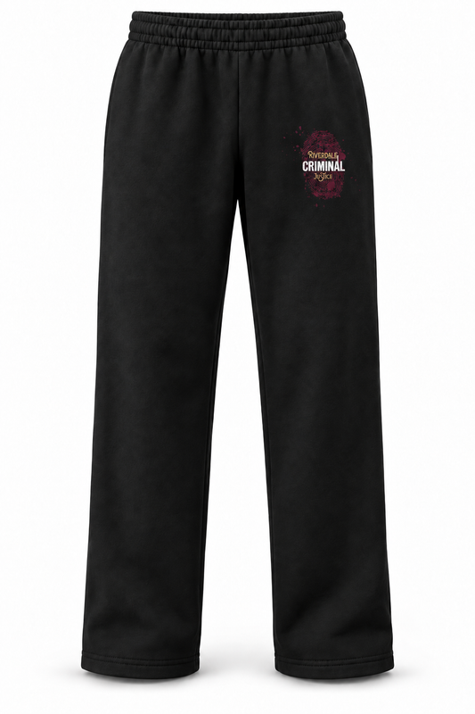 Black Criminal Justice open-bottom sweatpants with left-thigh logo — approximately 5.5-inch-tall print