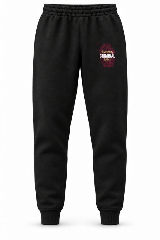 Black Criminal Justice joggers with left-thigh logo — approximately 5.5-inch-tall print