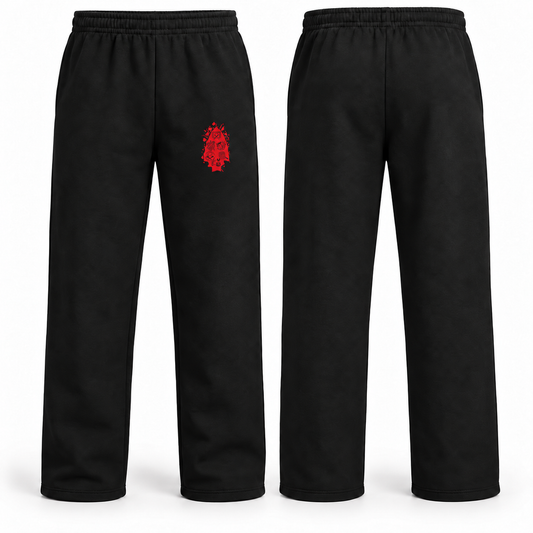 Black Riverdale SkillsUSA open bottom sweatpants with smaller red arrowhead on left thigh — approximately 5.5-inch-tall print
