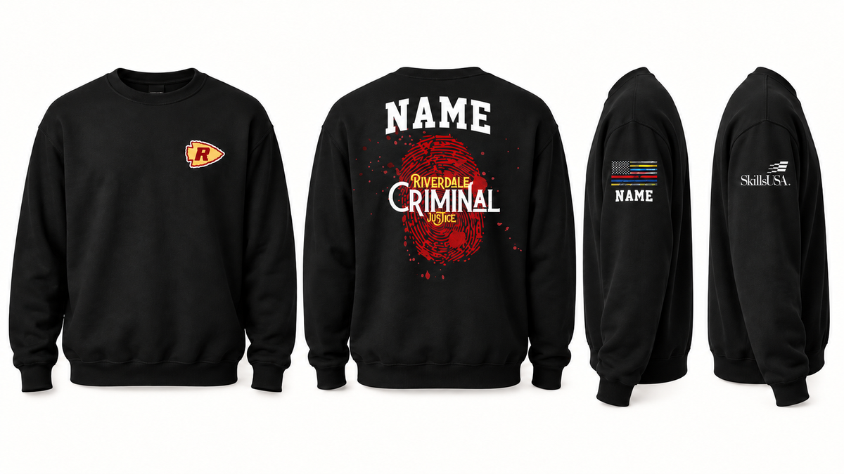Black Criminal Justice crewneck with name on back and sleeve