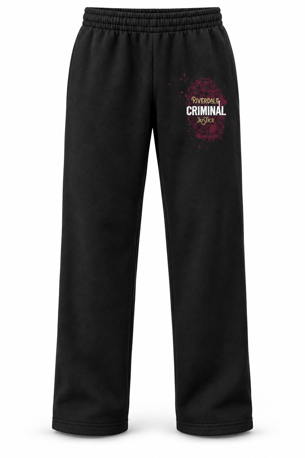 Black Criminal Justice open-bottom sweatpants with left-thigh logo