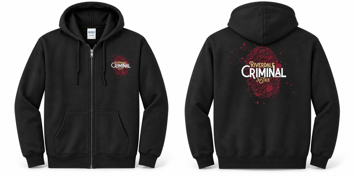Black Criminal Justice zip hoodie front and back