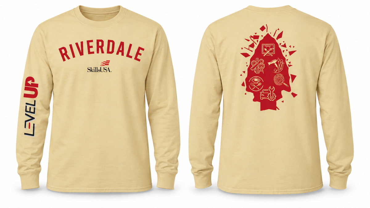 Riverdale SkillsUSA Hanes 5286 in muted Athletic Gold, front and back