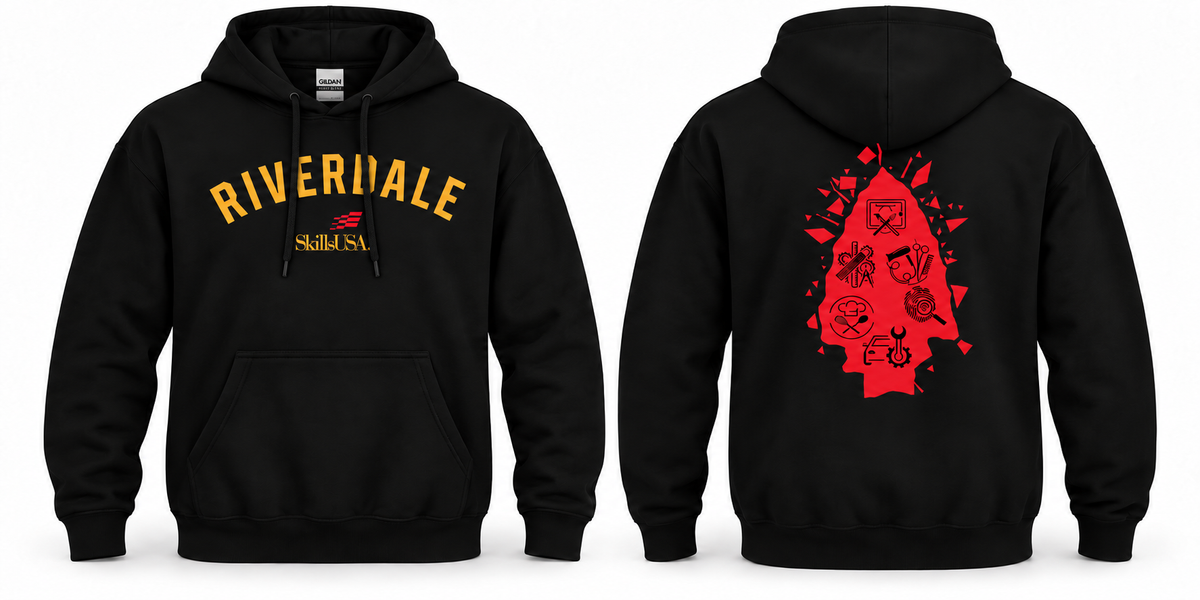 Black Riverdale SkillsUSA hoodie front and back, plain sleeves