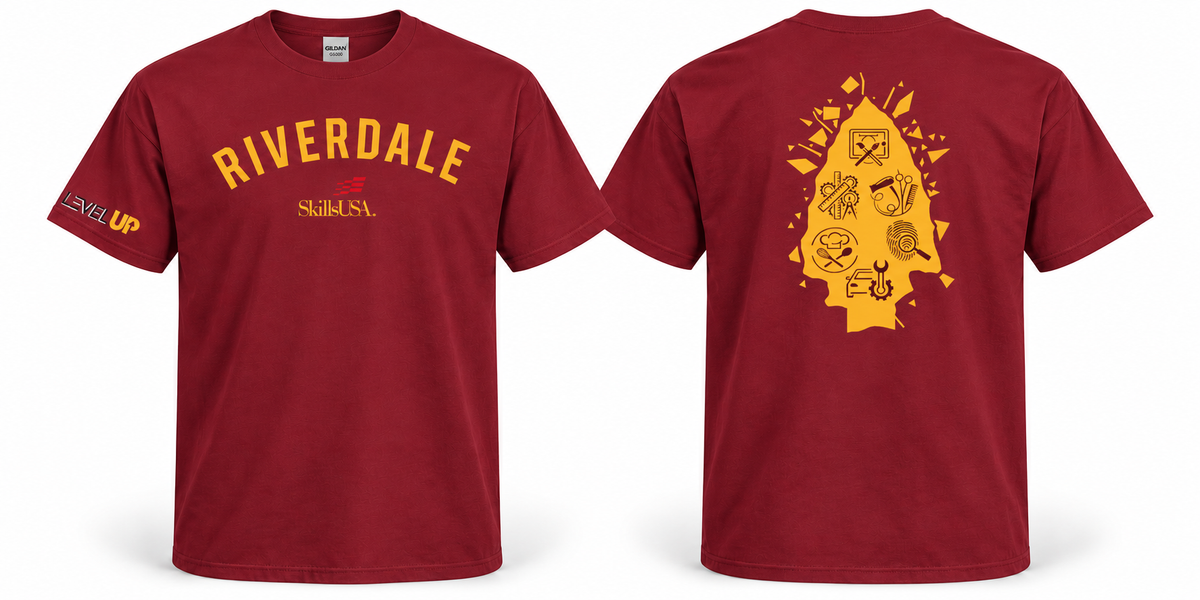 Cardinal Riverdale SkillsUSA Level Up tee front and gold arrowhead back