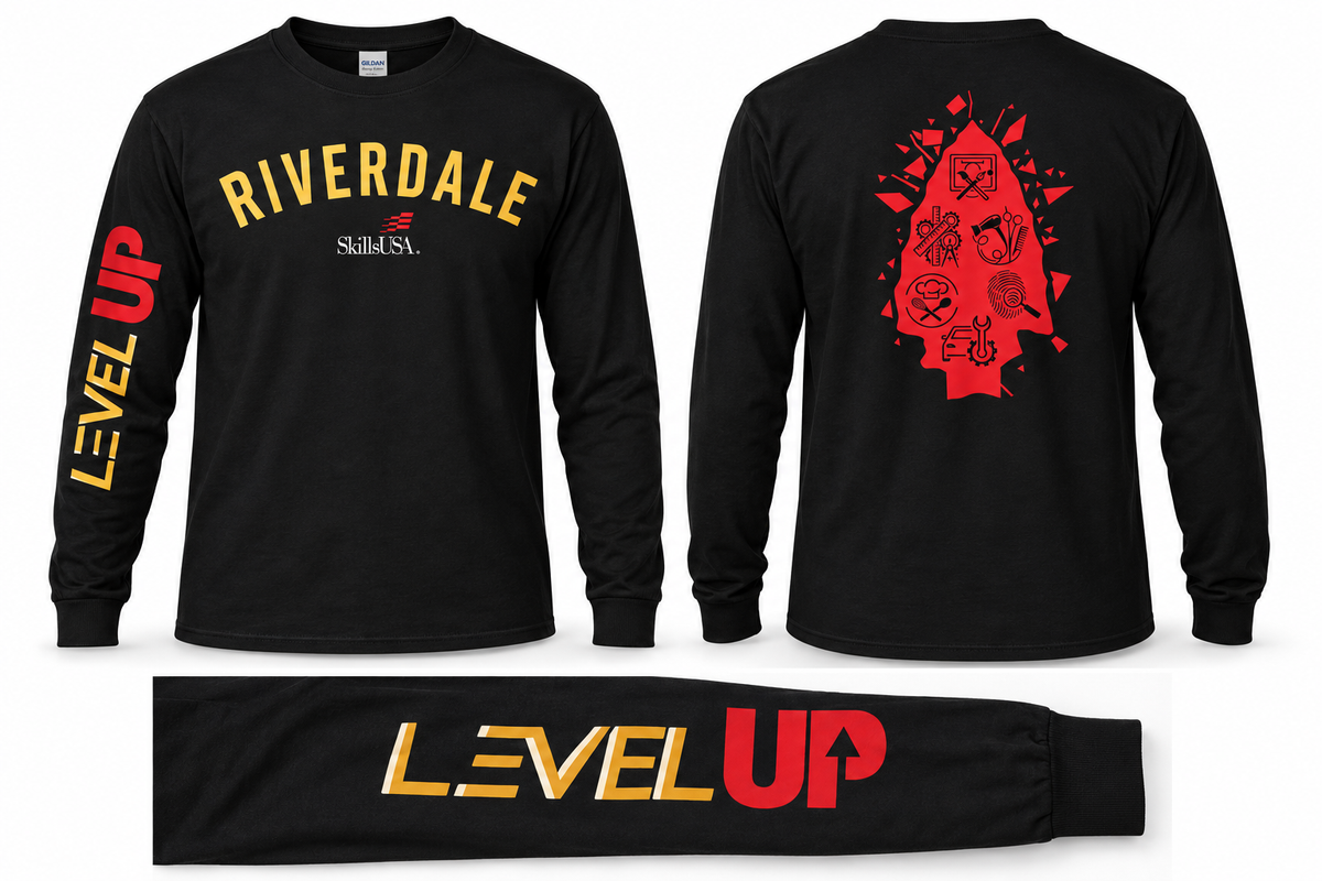 Black Riverdale SkillsUSA long sleeve tee with gold front lettering, red arrowhead back and Level Up sleeve