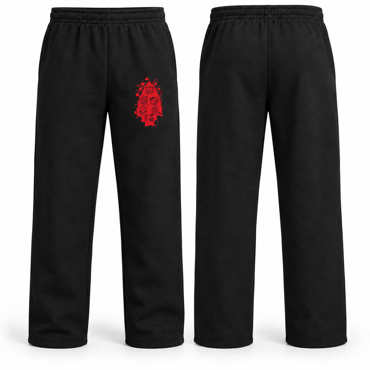 Black Riverdale SkillsUSA open bottom sweatpants with smaller red arrowhead on left thigh