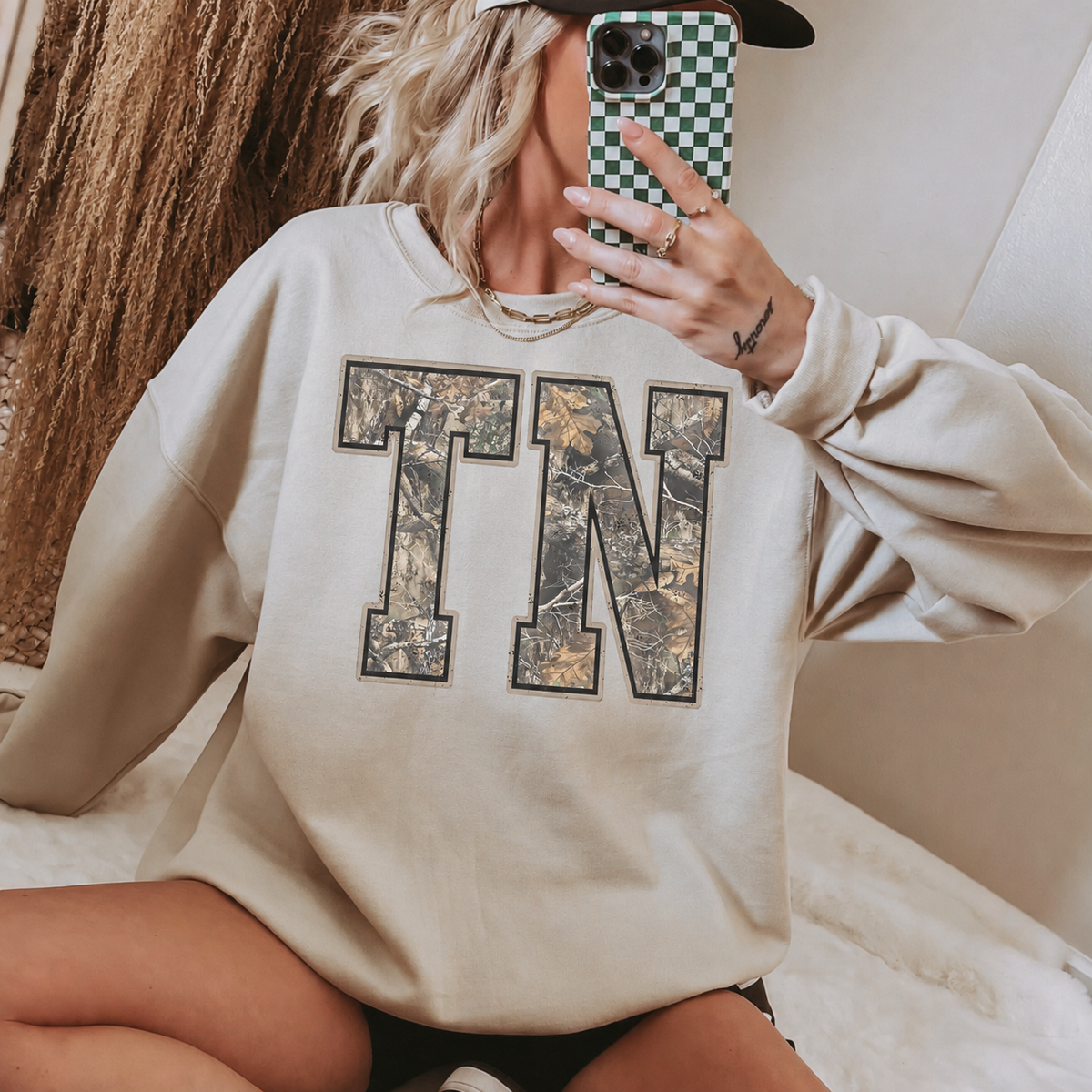 TN Washed Camo Crewneck on a model, Sand Gildan G18000 sweatshirt.